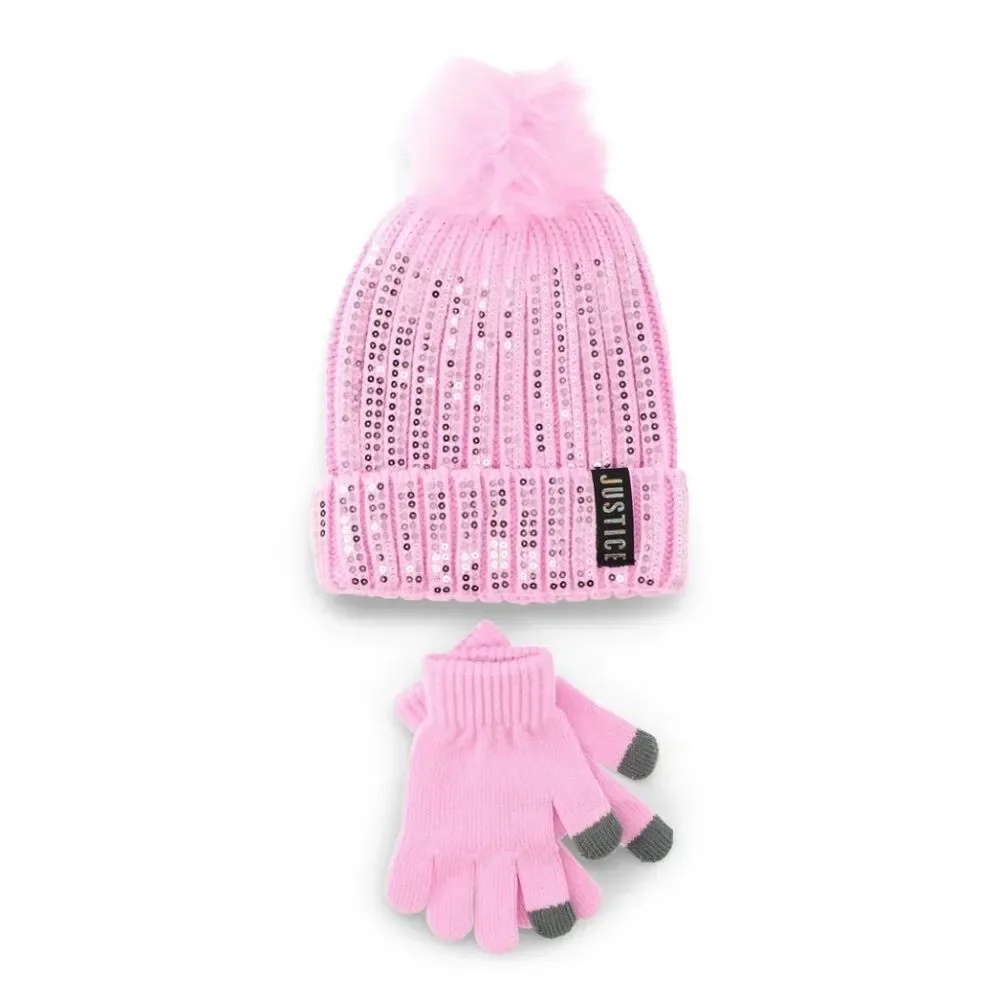Girls Justice Ribbed & Full Print Winter Cozy Beanie and Gloves 2, 2-Piece Sets